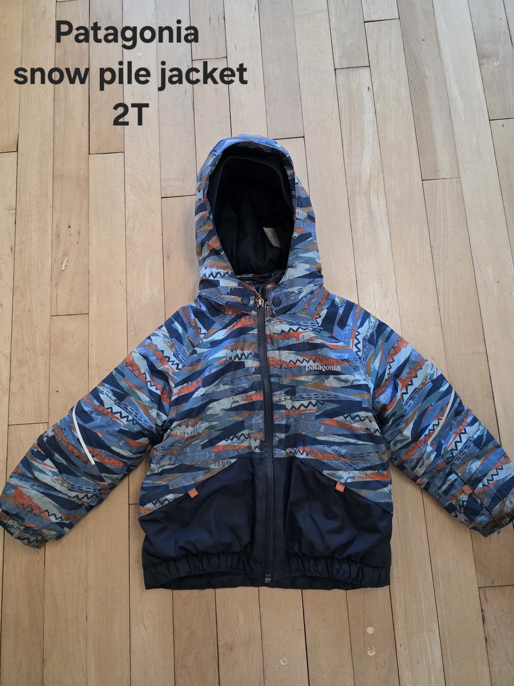 Patagonia Kids Hooded Snow Pile Jacket - Blue, Navy & Orange Print 2T